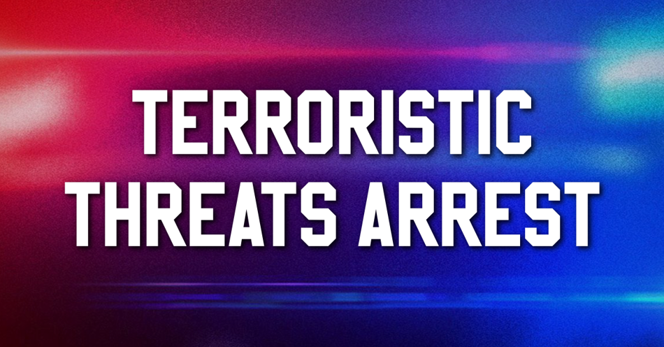 Terroristic Threats Arrest lettering with blue & red police lights